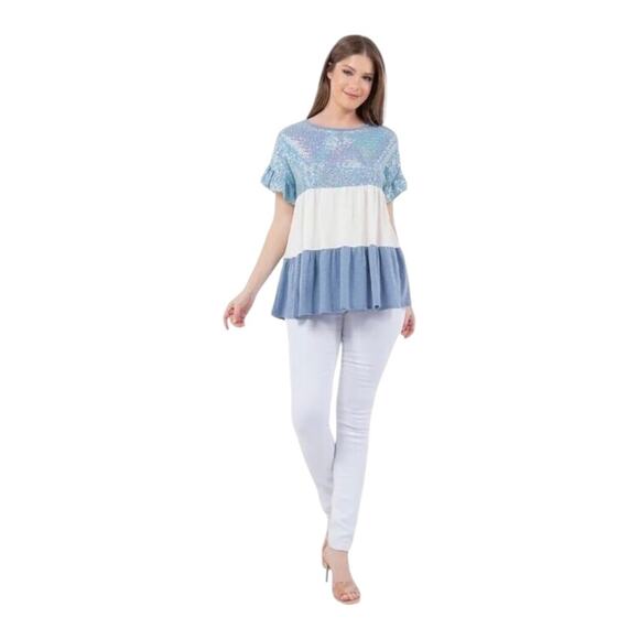 Unbranded NWOT Ruffle Sleeve Babydoll Light Blue Sequin Ivory Denim Blue Top SM - Picture 11 of 11